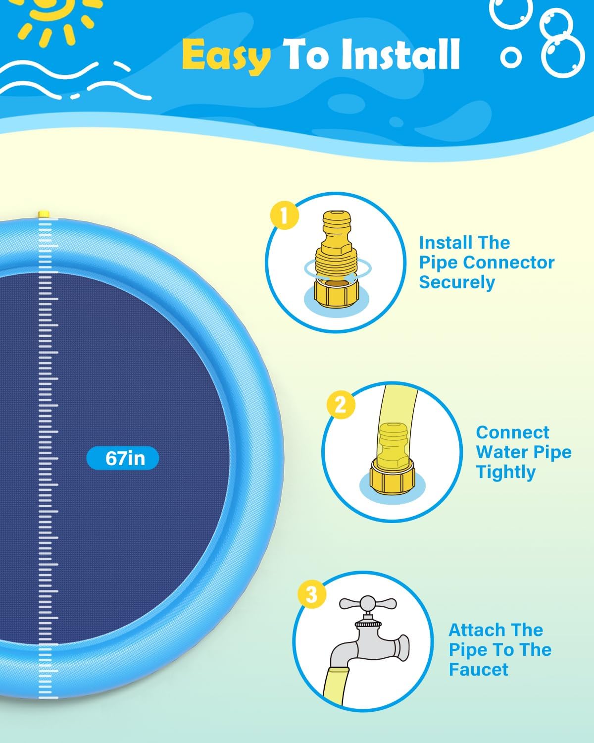 Splash Pad for Dogs & Kids - Anti-Slip Dog Pool for Large Dogs, 0.58 mm Thickened Durable Outdoor Water Play Mat, Summer Sprinkler Toy for Backyard (67in, Blue) - Image 2