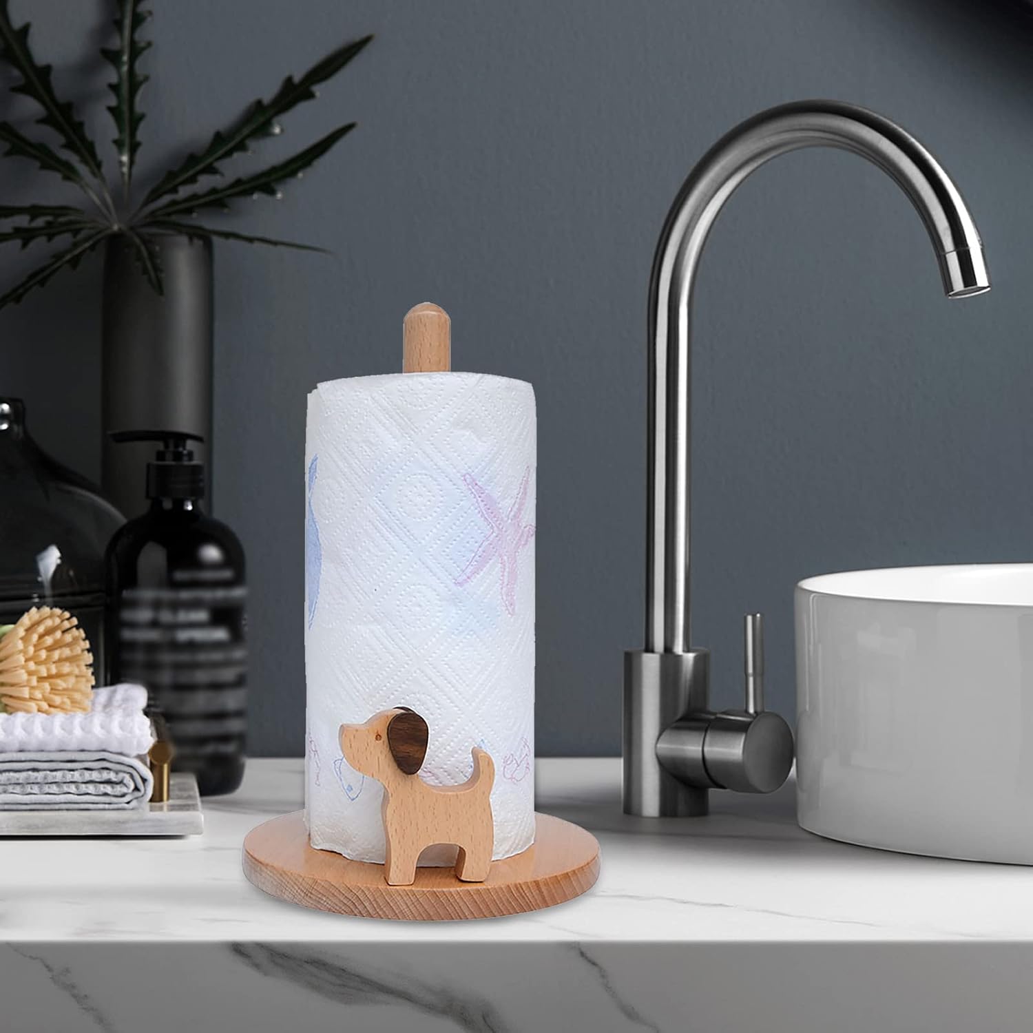 Dog Style Paper Towel Holder, 6 x 10 Inch Wood Paper Towel Holder, Wooden Paper Towel Holder Countertop Vertical Tissue Holder Rack, Kitchen Paper Towel Holders for Tear Paper Towel Roll - Image 3