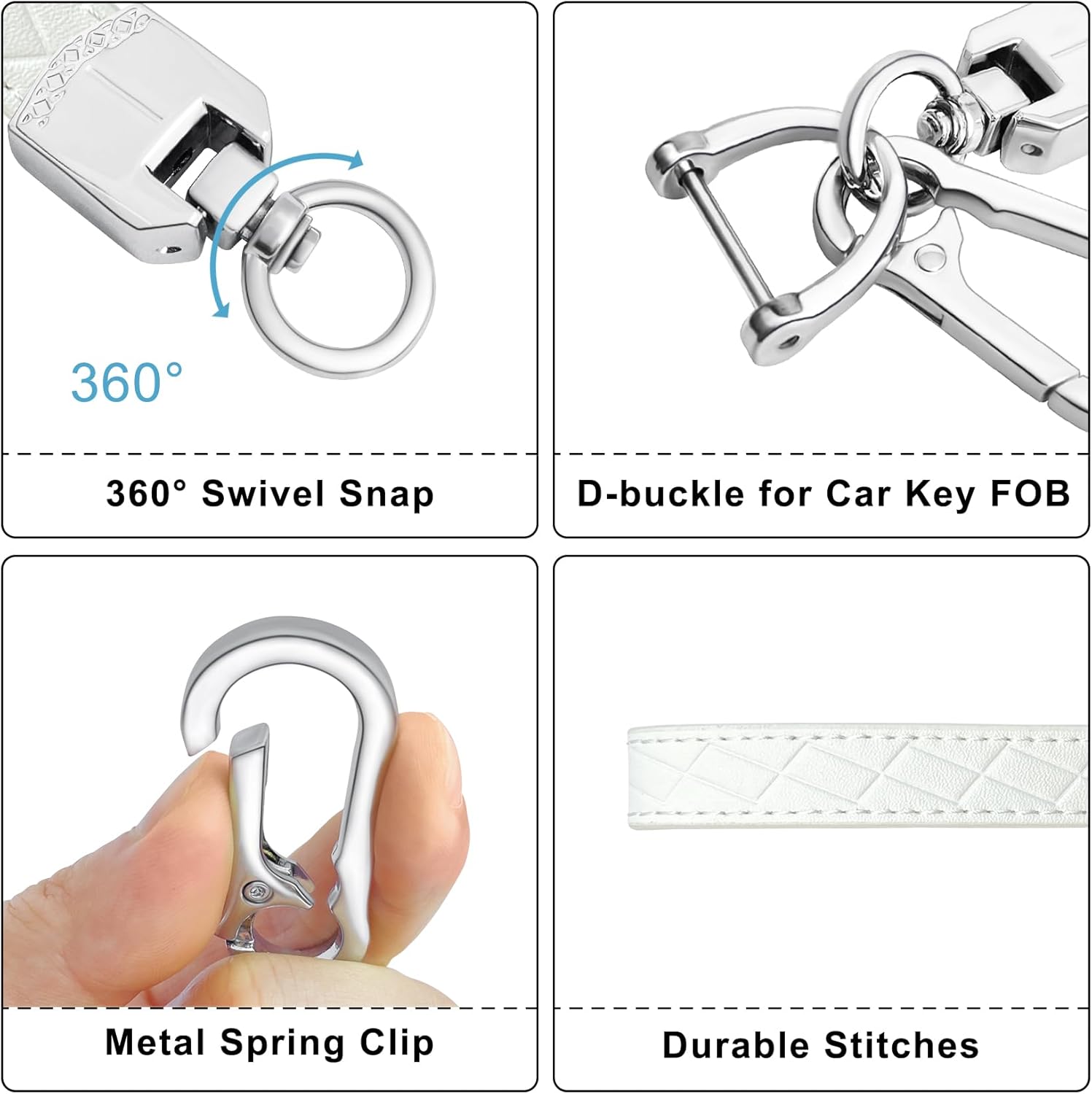 Leather Wristlet Keychain,Car Key Chain Wrist Keychain with 3 Key Ring and Anti-Lost D Ring (White Silver) - Image 2