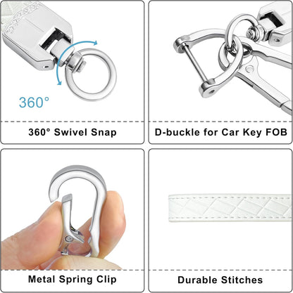 Leather Wristlet Keychain,Car Key Chain Wrist Keychain with 3 Key Ring and Anti-Lost D Ring (White Silver) - Image 2