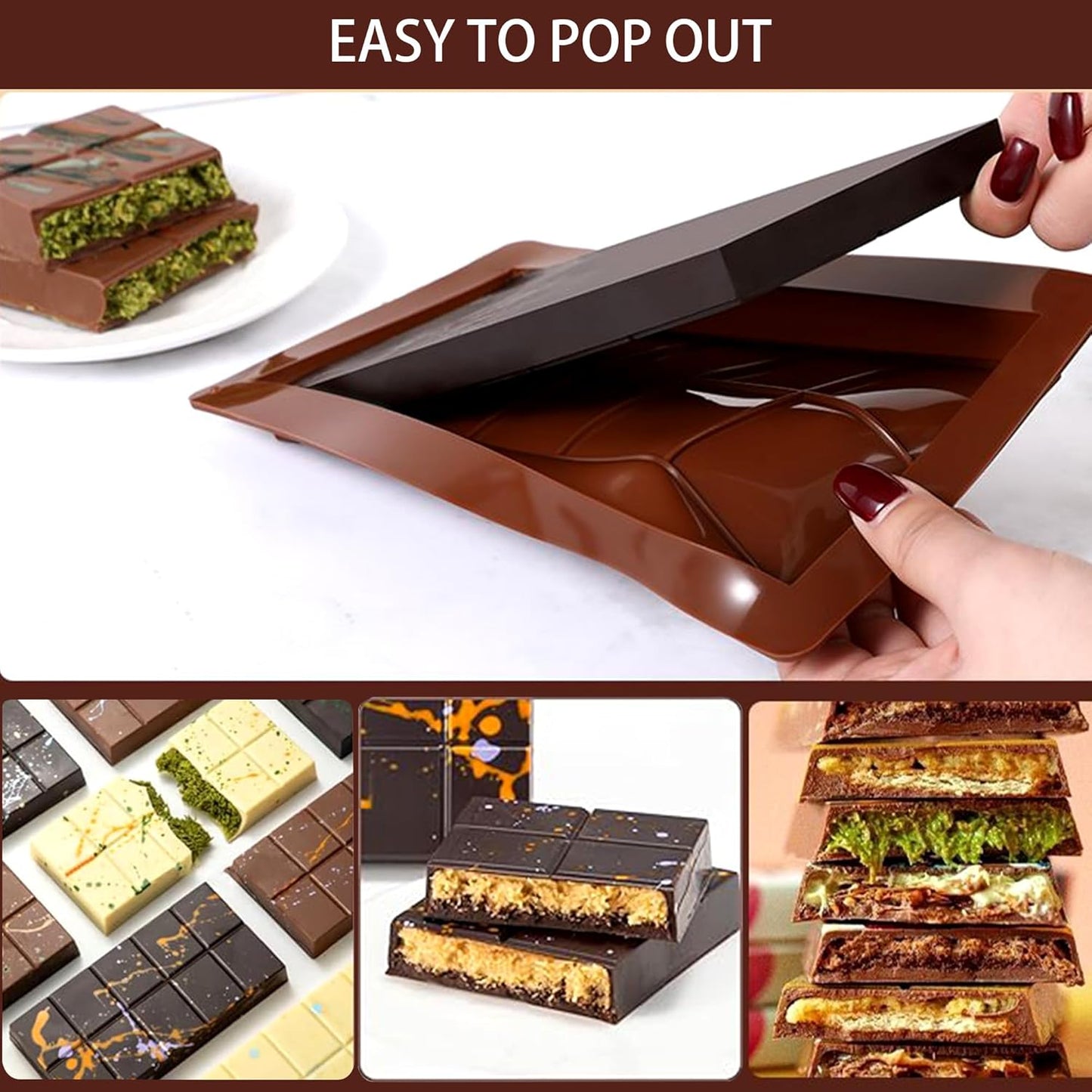 3 PCS Silicone Chocolate Bar Molds with 1 spatula,3/4 Inch Thick Non-Stick Chocolate Mold，Large Deep Cavity Chocolat Silicone Mold for Stuffed Chocolate Bars Knafeh Pistachio Chocolat - Image 3