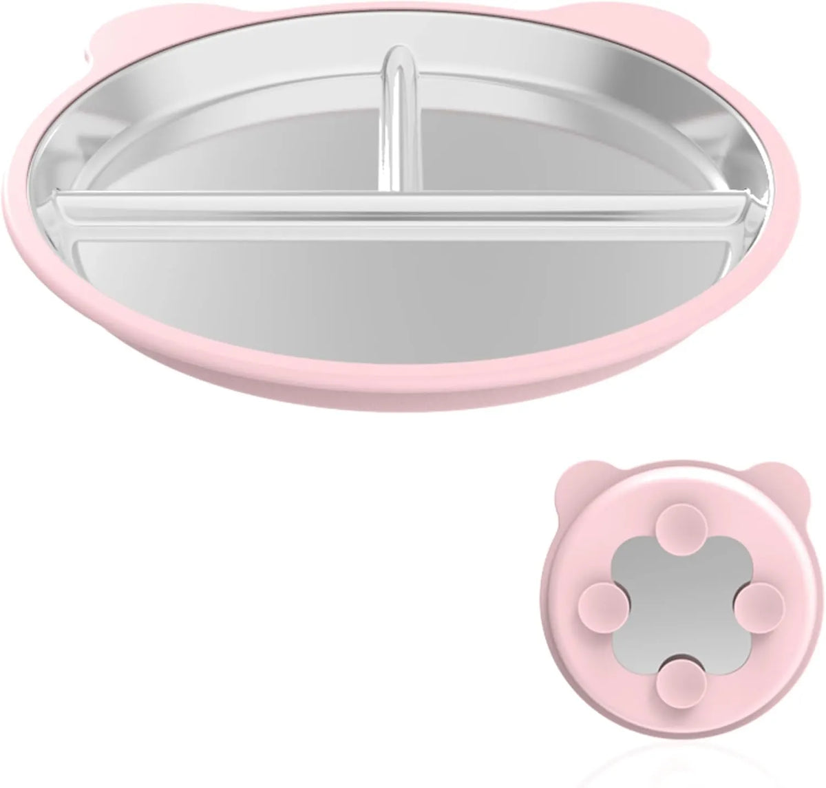 Silicone Stainless Steel Dinner Plate, 9-Inch Portion Control Plate, Balanced Lunch for Weight Loss and Diabetic Diets, Camping Metal Divider Plate (Round Pink)