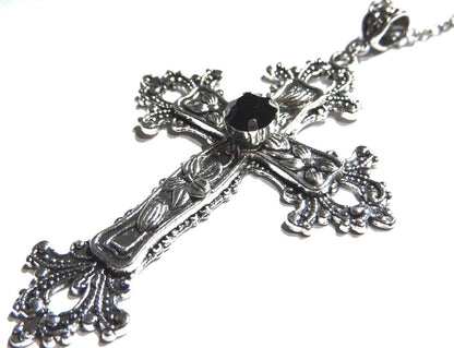 Large Gothic Cross Necklace silver-tone pendant with glass stone, on 24" steel chain…