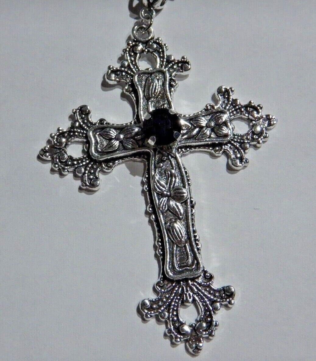 Large Gothic Cross Necklace silver-tone pendant with glass stone, on 24" steel chain… - Image 2