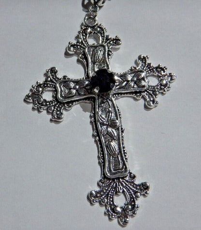 Large Gothic Cross Necklace silver-tone pendant with glass stone, on 24" steel chain… - Image 2