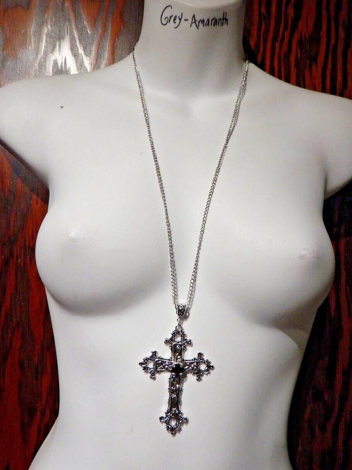 Large Gothic Cross Necklace silver-tone pendant with glass stone, on 24" steel chain… - Image 4