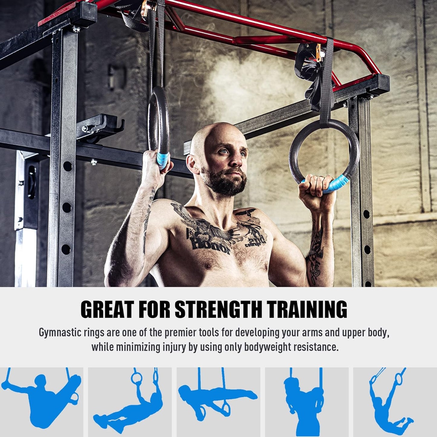 Gymnastic Rings, Exercise Olympic Rings with Adjustable Straps, Steel Buckles, Perfect for Workout, Strength Training, Pull-Ups and Dips (Black) - Image 2