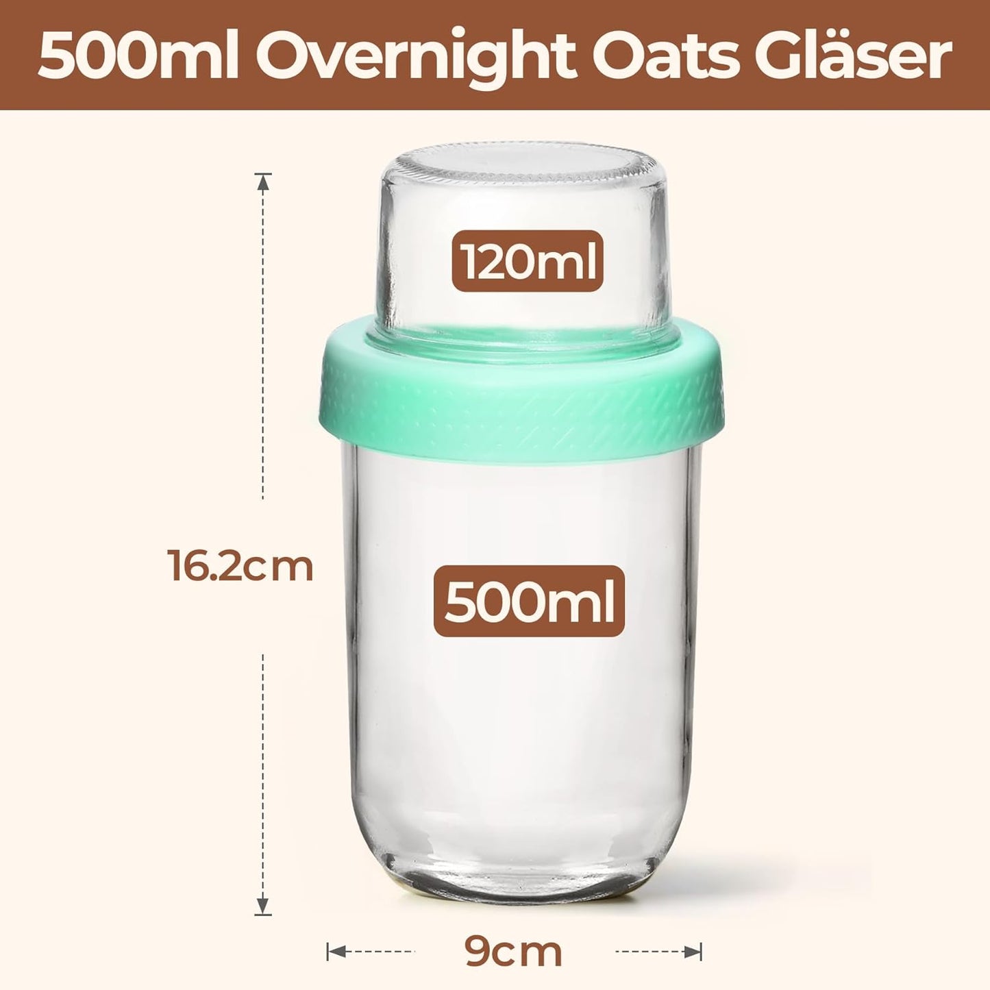2-Pack 16 oz Overnight Oats Containers with Lids, Dual-Laryer Chia Pudding Jars with Dry and Wet Separation, Yogurt Parfait Cups for Oatmeal Cereal Nut Fruit, Meal Prep Glass Jars for Salad  Green - Image 2