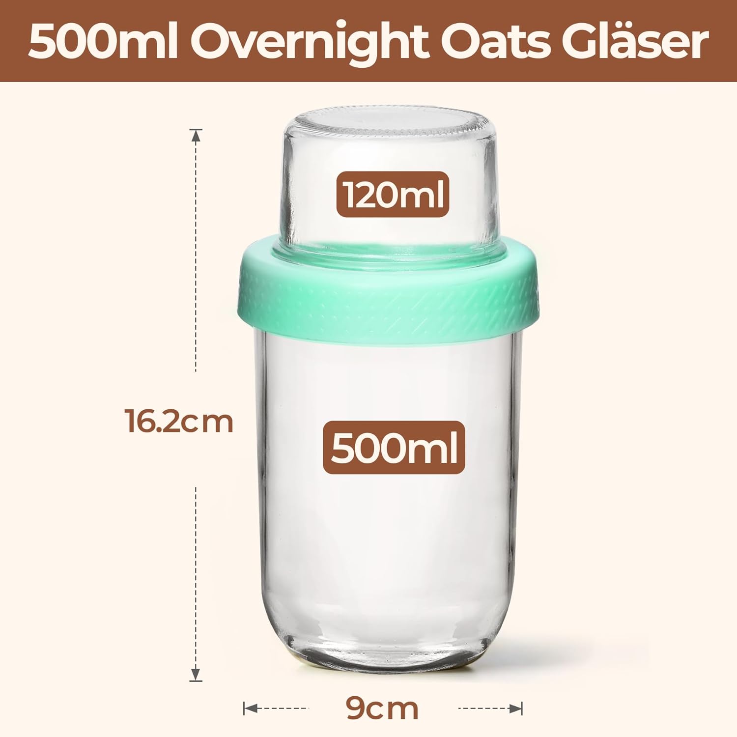 2-Pack 16 oz Overnight Oats Containers with Lids, Dual-Laryer Chia Pudding Jars with Dry and Wet Separation, Yogurt Parfait Cups for Oatmeal Cereal Nut Fruit, Meal Prep Glass Jars for Salad  Green - Image 2