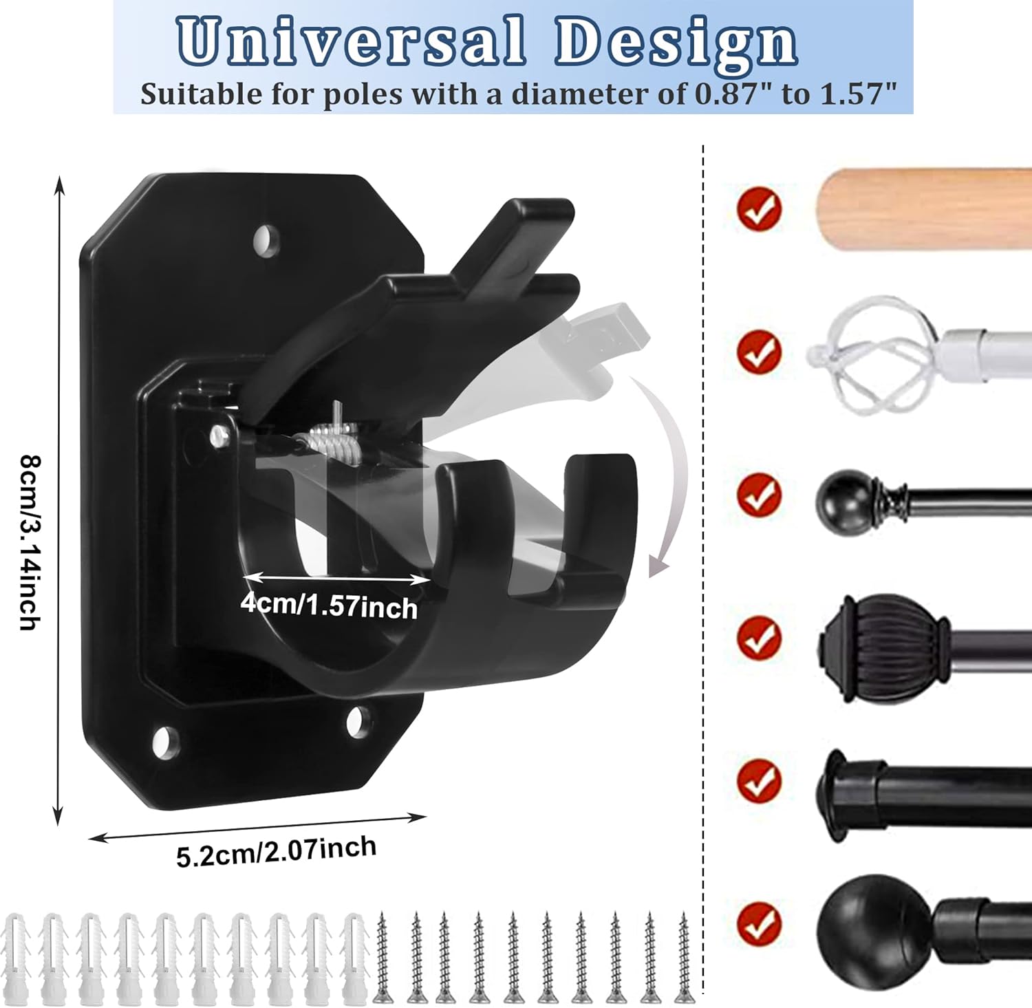 8PCS No Drill Curtain Rod Brackets,Nail Free Adjustable Curtain Rods No Drilling,Self Adhesive Curtain Rod Holder,Perforated Curtain Rod Hook,Non Screw Stick On Sticky Black Drape Pole Hanger Black - Image 2