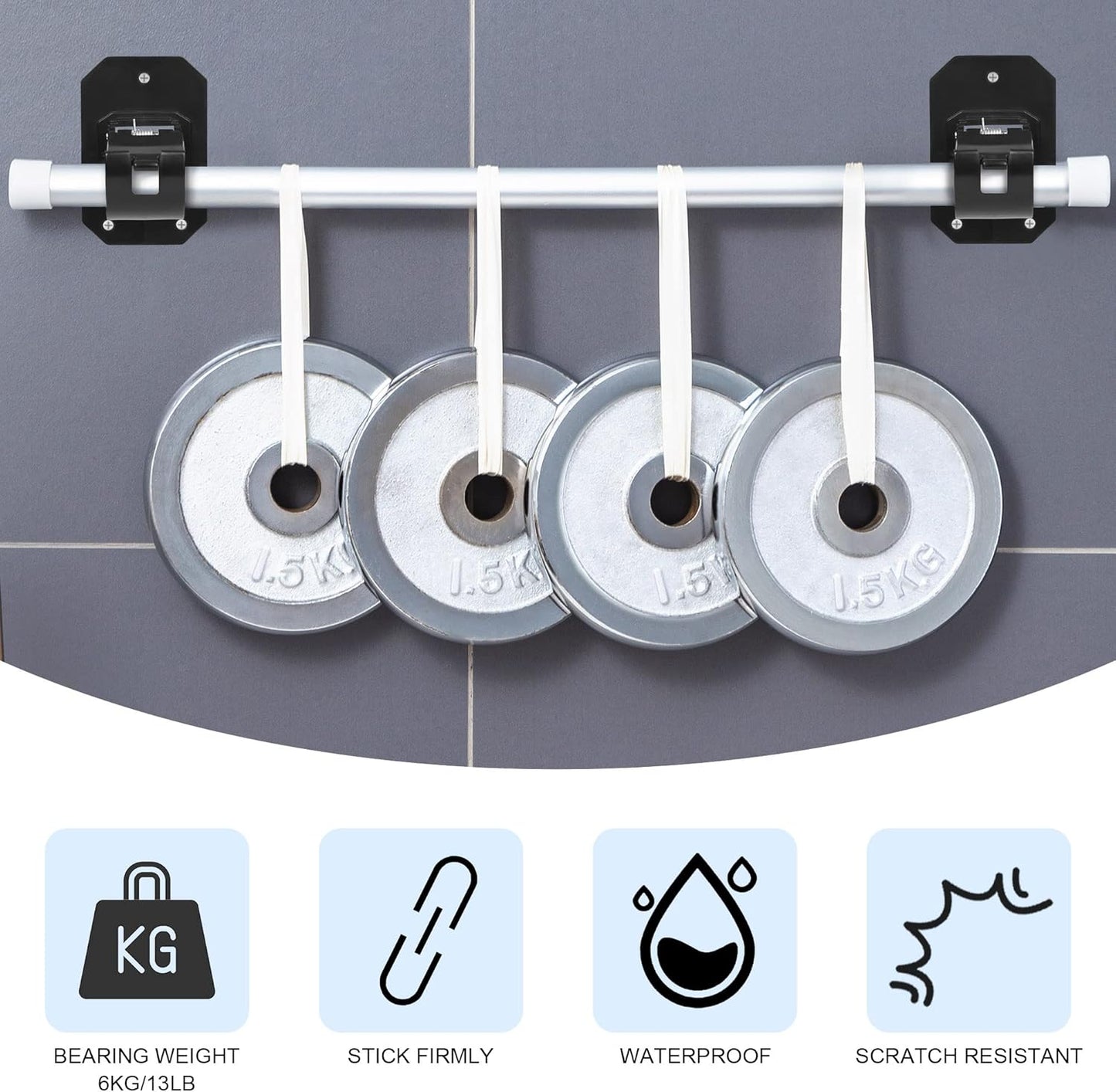 8PCS No Drill Curtain Rod Brackets,Nail Free Adjustable Curtain Rods No Drilling,Self Adhesive Curtain Rod Holder,Perforated Curtain Rod Hook,Non Screw Stick On Sticky Black Drape Pole Hanger Black - Image 3