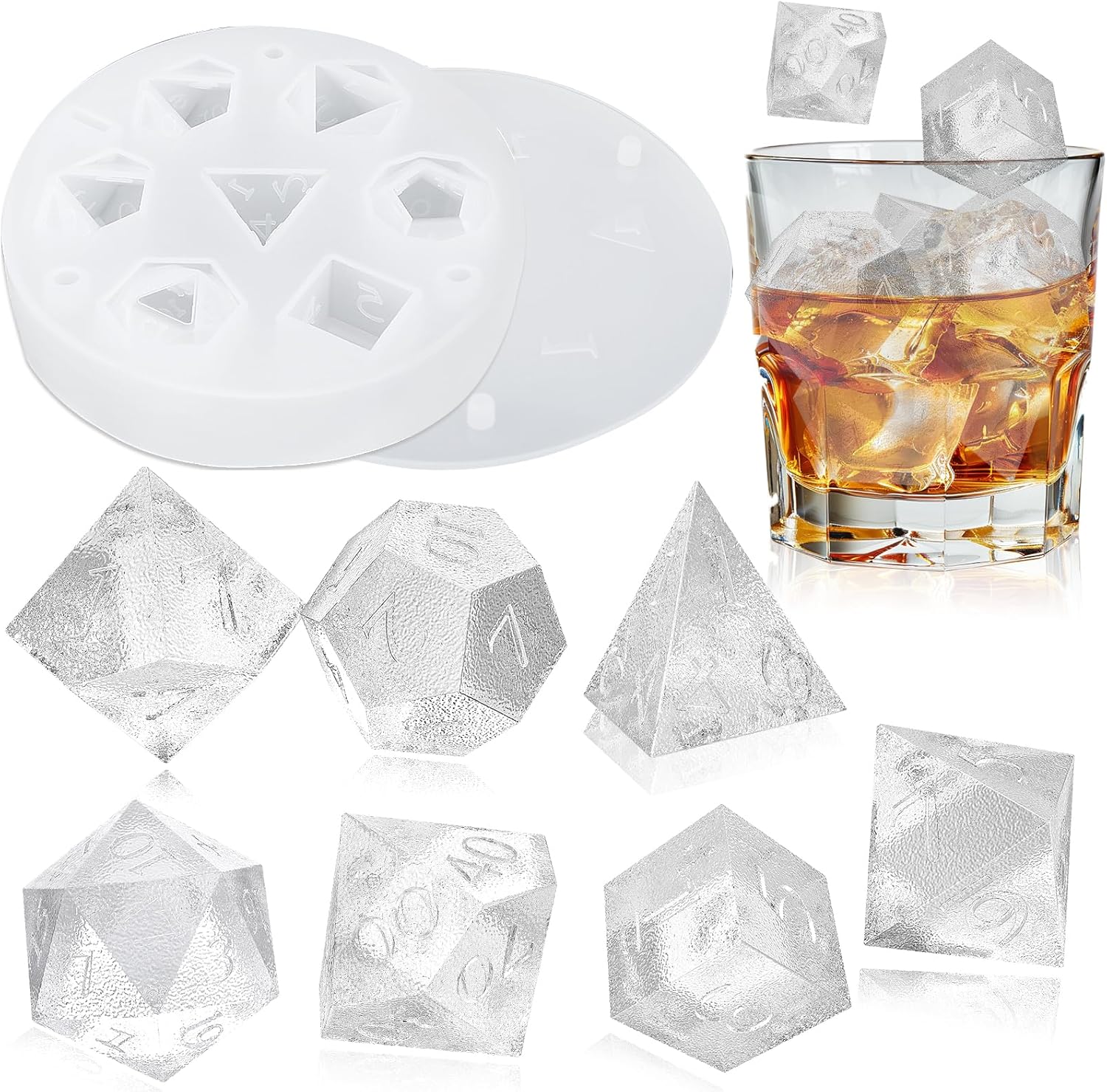 7 Shapes DND Dice Whisky Ice Cubes Mold, 3D Dice Mold DND Accessories For Whiskey Cocktail Summer Ice Drink, Funny DND Gifts For Table Game Lovers Transparent  Transparent