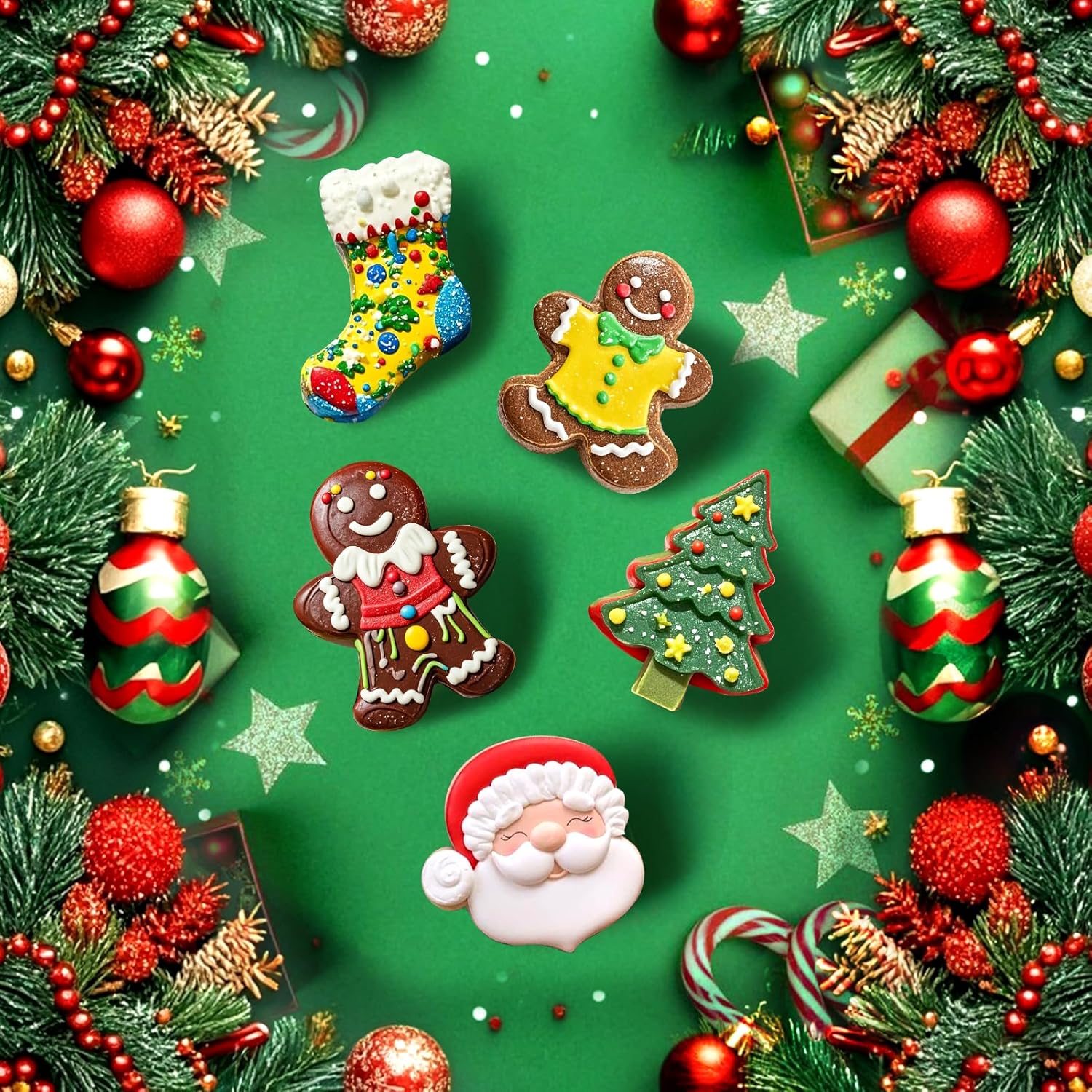 Christmas Silicone Molds, 12 Cavities Christmas Chocolate Mold Deep, 3D Christmas Trees Christmas Stockings Gingerbread Man Silicone Molds for Baking Chocolate Candy Cake Jelly Cookie Green  Green - Image 2