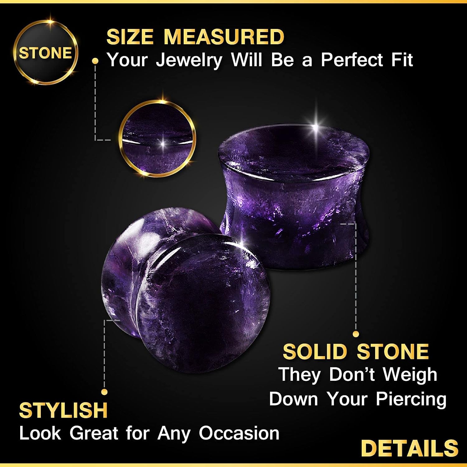 Organic Stone Amethyst Double Flared Saddle Ear Gauge Double Flare plugs Stretcher Lobe Earring Piercing Jewelry Choose Sizes  2pcs-00g (10mm)-Stone    2pcs-00g (10mm)-Stone - Image 3