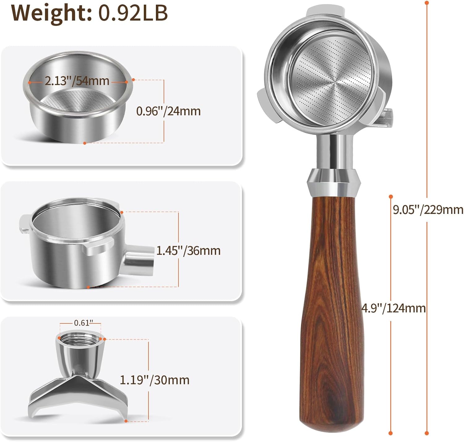 54mm Portafilter Compatible with Breville BES870/878/880/876 Series,Espresso Double Spouts Portafilter with 3 Ear & Stainless Steel Basket - Image 3