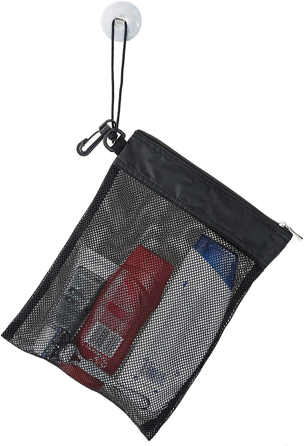 Shower Bag Tote, Mesh Caddy Toiletry Organizer 12”L x 9”W, Compact and Lightweight With Suction Cup, Cord for Hanging, Zipper and Drawstring Pouch 14”L x 10”W, Black Black - Image 2