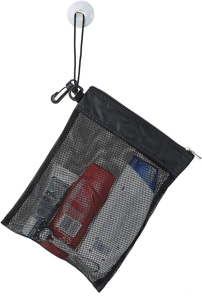 Shower Bag Tote, Mesh Caddy Toiletry Organizer 12”L x 9”W, Compact and Lightweight With Suction Cup, Cord for Hanging, Zipper and Drawstring Pouch 14”L x 10”W, Black Black - Image 2