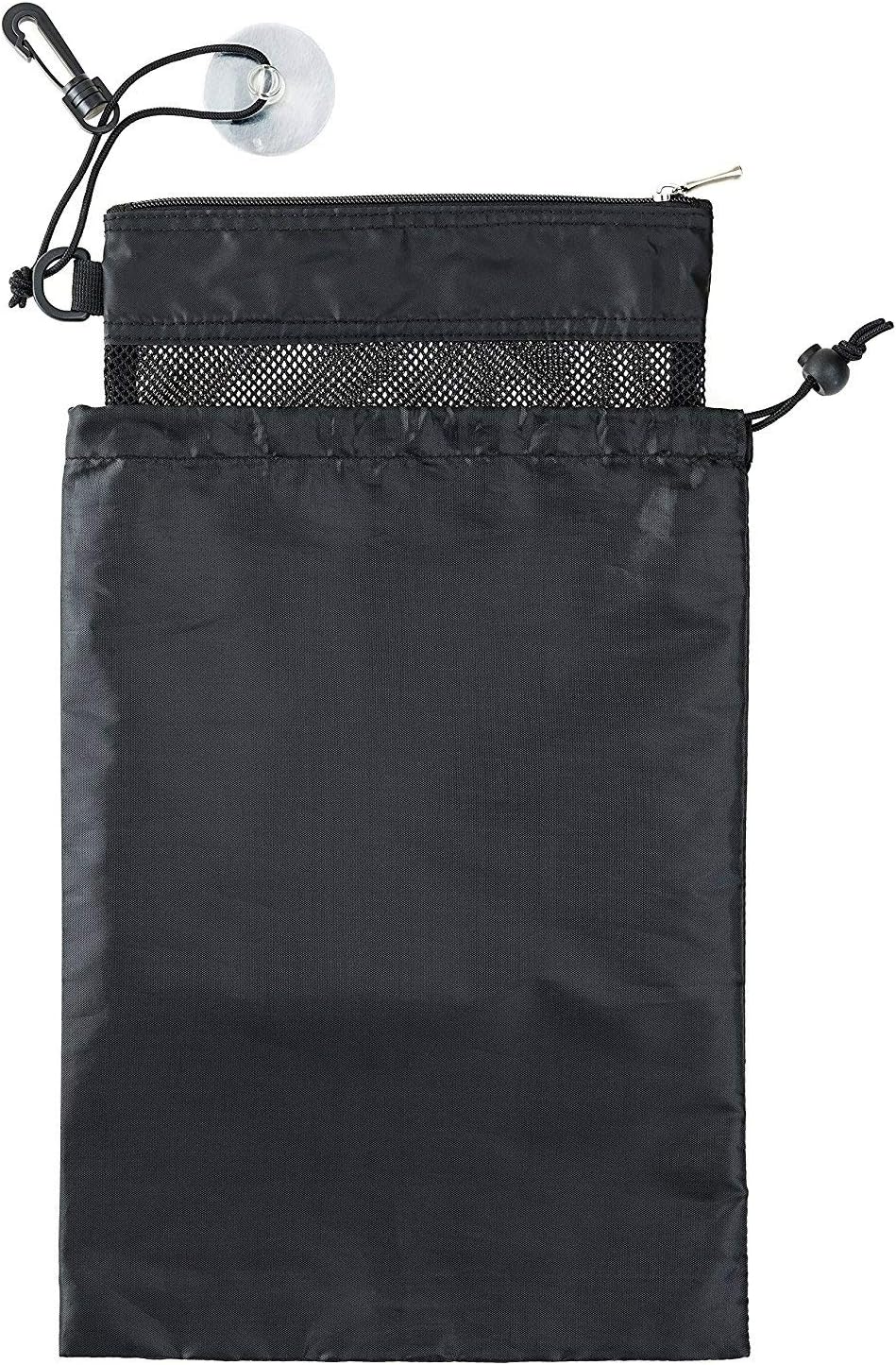 Shower Bag Tote, Mesh Caddy Toiletry Organizer 12”L x 9”W, Compact and Lightweight With Suction Cup, Cord for Hanging, Zipper and Drawstring Pouch 14”L x 10”W, Black Black - Image 3