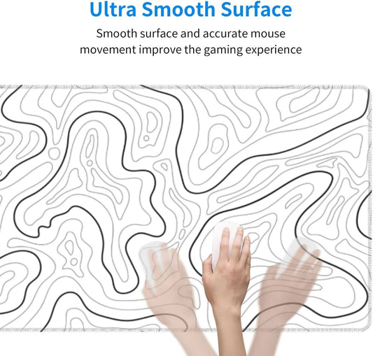 Abstract Topographic Map White Grey Black Gaming Mouse Pad Long Mouse Pad Large Desk Mat 31.5 X 11.8 Inch Mousepad with Non-Slip Base Stitched Edge Keyboard Mat for Gaming Office  Light Grey White - Image 3