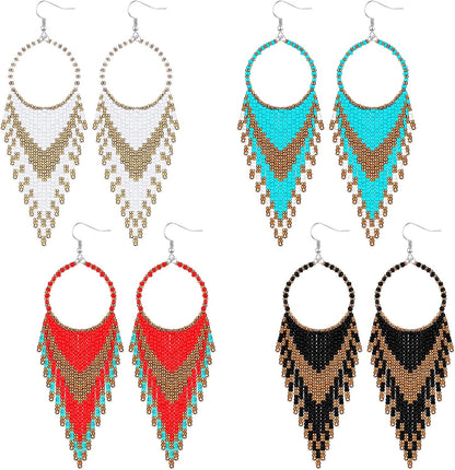 4 Pcs Long Beaded Tassel Earrings Bohemia Colorful Native Handmade Statement Fringe Drop Earrings Boho Dangle Tassel Earrings for Women(Elegant Color)