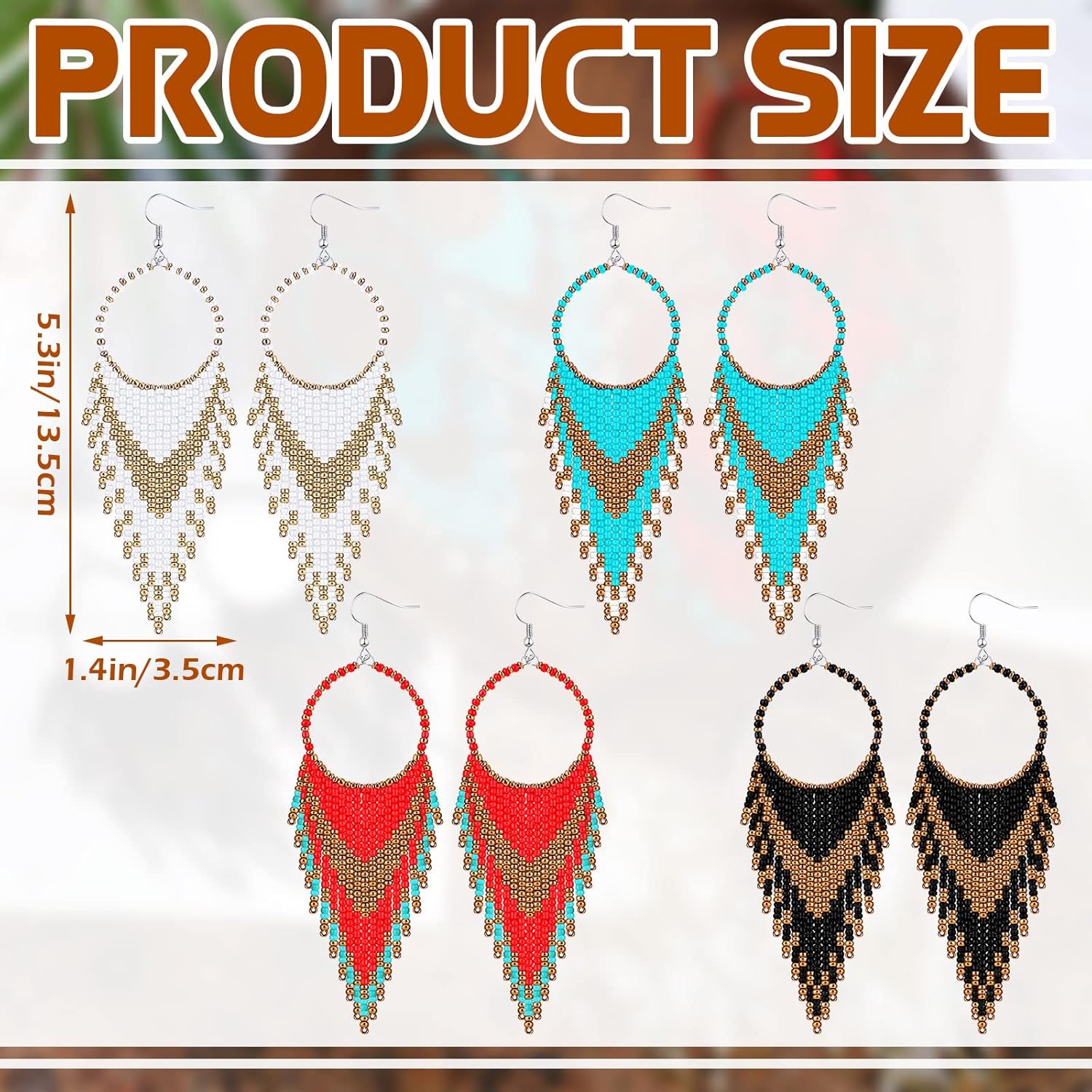 4 Pcs Long Beaded Tassel Earrings Bohemia Colorful Native Handmade Statement Fringe Drop Earrings Boho Dangle Tassel Earrings for Women(Elegant Color) - Image 3