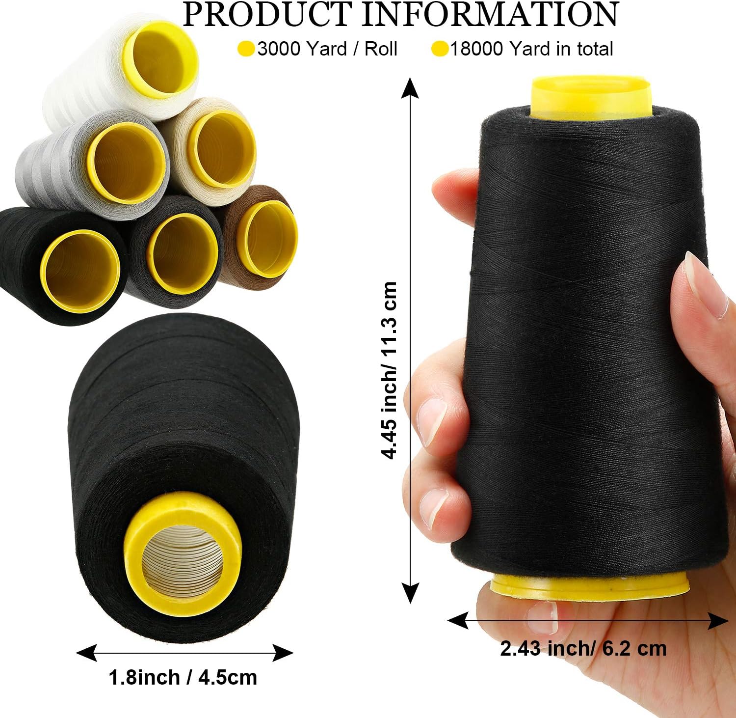 6 Rolls 3000 Yard Each Serger Thread Polyester Cones Spool Thread for Sewing Serger Overlock Quilting Sewing Machine (Black, White, Beige, Grey, Dark Grey, Coffee)  Black, White, Beige, Grey, - Image 4