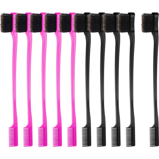 10 Pcs Edge Brush 2-in-1 Double Sided Hair Edges Brushes and Combs Combo Pack, Smooth Grooming and Edge Control (Rose and Black) Rose and Black