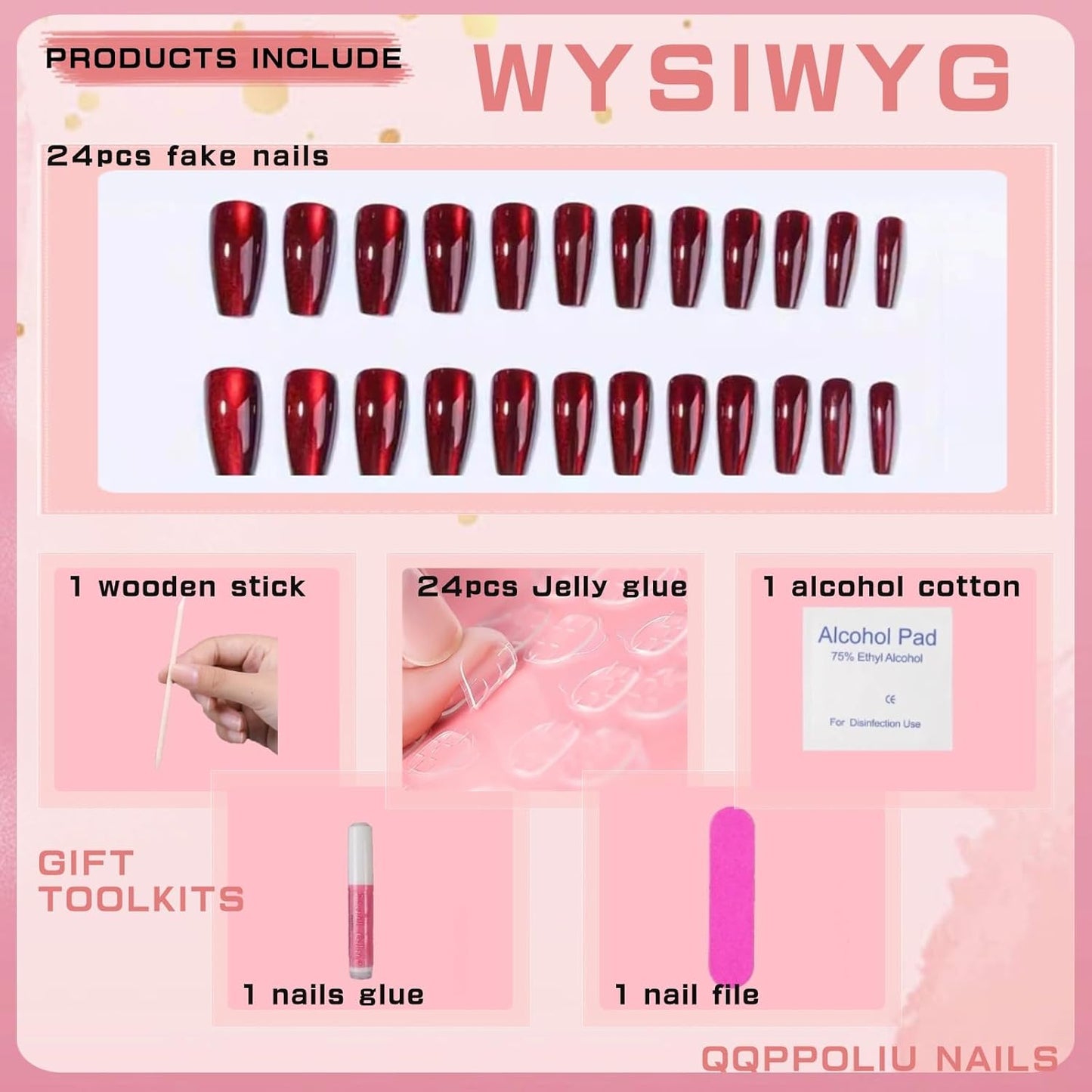Red Press on Nails Coffin Shape Fake Nails Long False Nails with Cat Eye Design Glitter Glue on Nails for Women 24PCS 522 red 0.04 Fl Oz (Pack of 24) - Image 2
