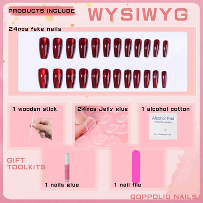 Red Press on Nails Coffin Shape Fake Nails Long False Nails with Cat Eye Design Glitter Glue on Nails for Women 24PCS 522 red 0.04 Fl Oz (Pack of 24) - Image 2