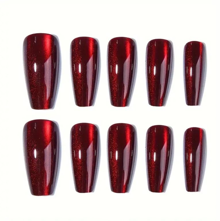Red Press on Nails Coffin Shape Fake Nails Long False Nails with Cat Eye Design Glitter Glue on Nails for Women 24PCS 522 red 0.04 Fl Oz (Pack of 24) - Image 3