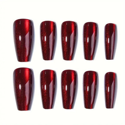 Red Press on Nails Coffin Shape Fake Nails Long False Nails with Cat Eye Design Glitter Glue on Nails for Women 24PCS 522 red 0.04 Fl Oz (Pack of 24) - Image 3
