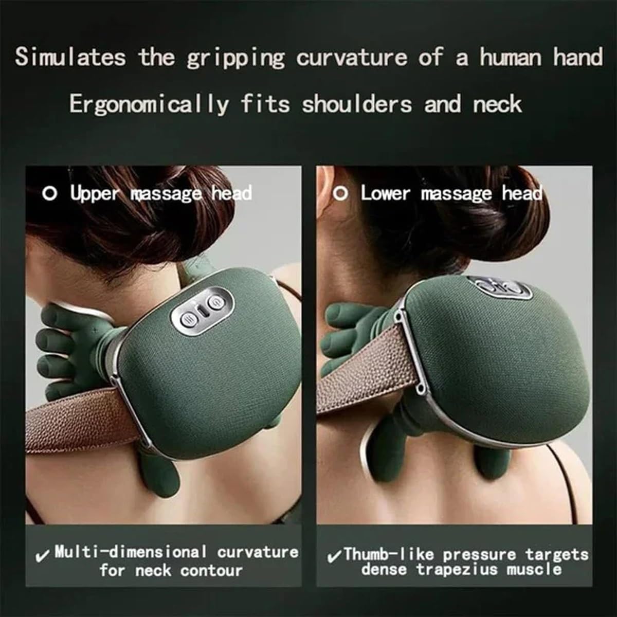 Massager, Real Hand Simulation Shiatsu Deep Tissue Electric Massager for Neck, Back & Shoulders, 3D Kneading, 3-Speed Adjustable USB Rechargeable (Green) - Image 4