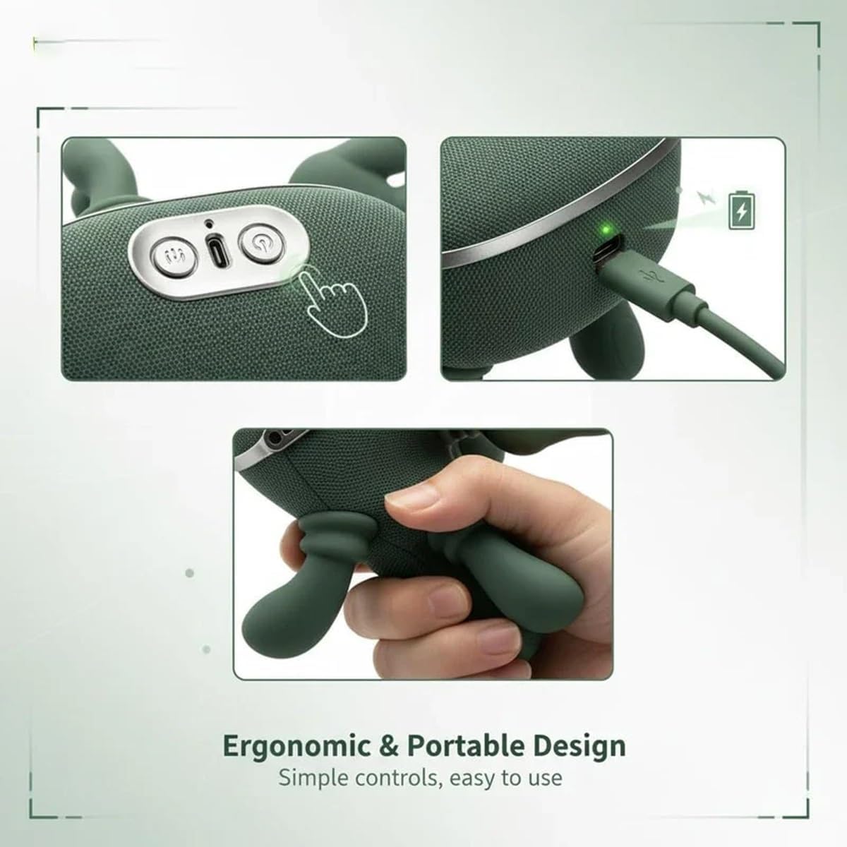 Massager, Real Hand Simulation Shiatsu Deep Tissue Electric Massager for Neck, Back & Shoulders, 3D Kneading, 3-Speed Adjustable USB Rechargeable (Green) - Image 5