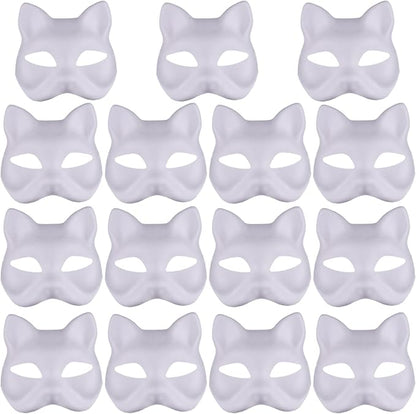 Cat Mask, Cat Mask 15 pcs Half Fox Mask White Therian Mask Diy Paintable Blank Mask for Holloween, Masquerade Party, Cosplay