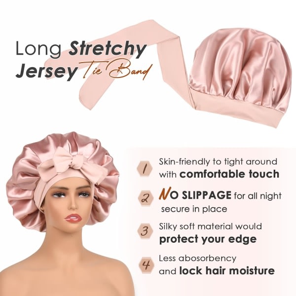 Satin Hat Silk Hat for Sleep Double Layer Satin Lined Hair Cap With Tie Caps For Women Naturally Curly Hair Pink - Image 4