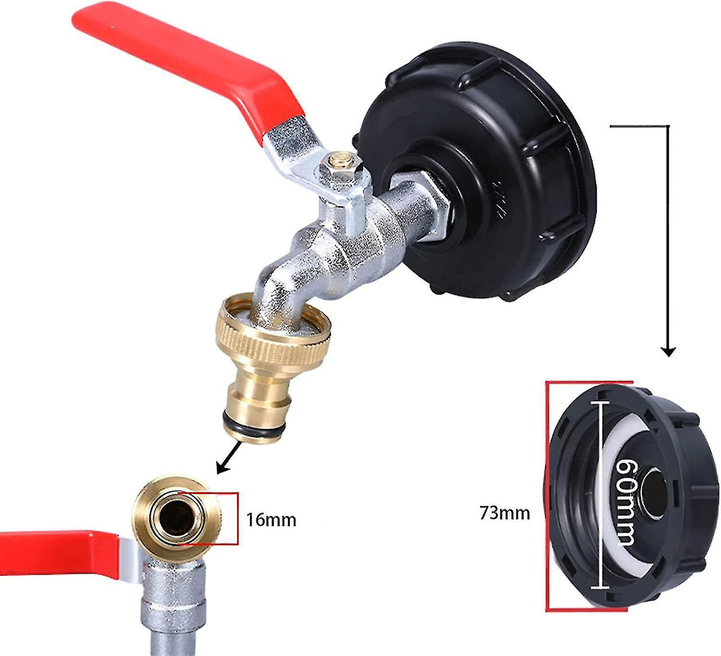 1000L tank tap with garden hose connector, S60x6 IBC tap connection - Image 5