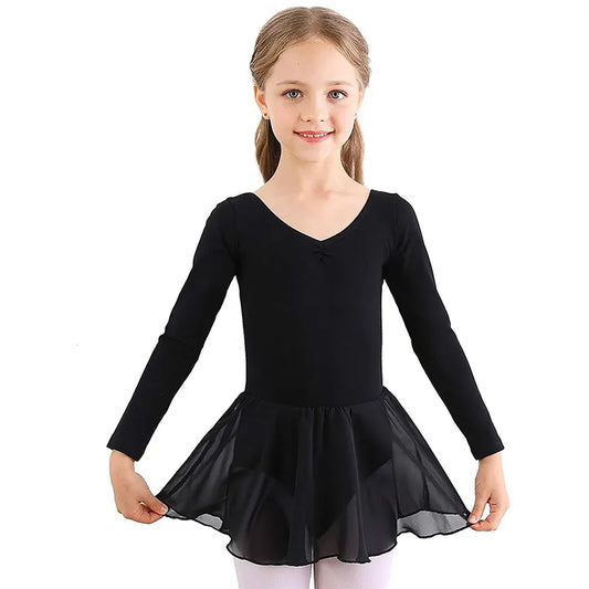 Black Ballet Dress for Girls with Long Sleeves Tulle Skirt Size 130 cm