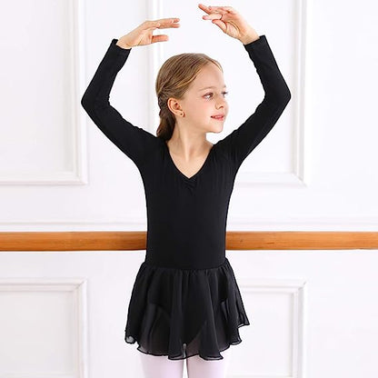 Black Ballet Dress for Girls with Long Sleeves Tulle Skirt Size 130 cm - Image 2