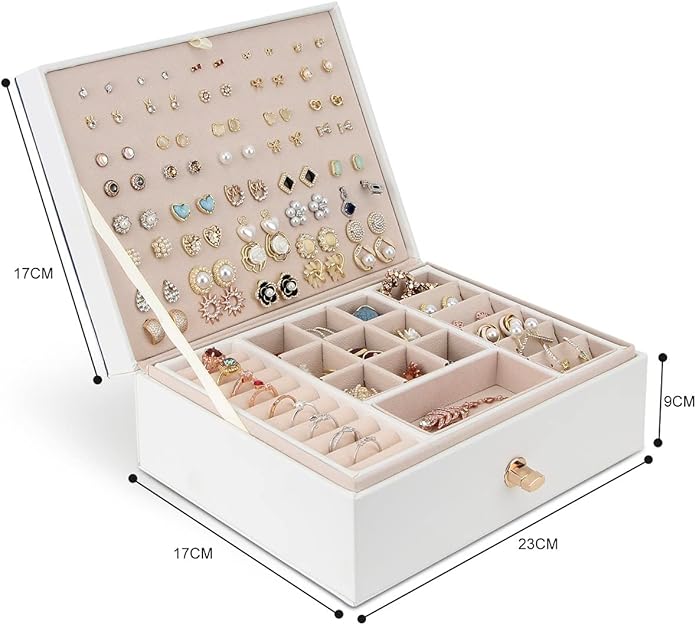 Jewelry Box Organizer for Necklaces, Earrings, Bracelets, Rings, Large PU Leather Jewelry Box with 3 Stackable Layers (White) - Image 4