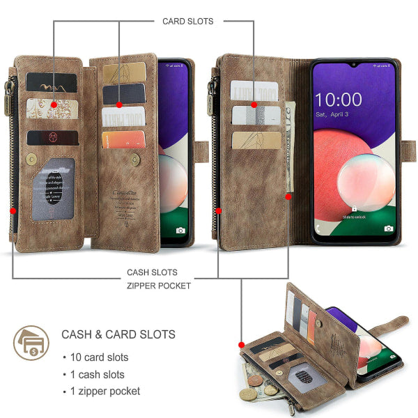 Compatible with Samsung Galaxy A22 5G Case Wallet with Magnetic Flip Zipper and Card Holder - Brown - Image 4