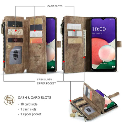 Compatible with Samsung Galaxy A22 5G Case Wallet with Magnetic Flip Zipper and Card Holder - Brown - Image 4