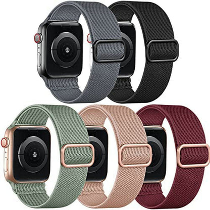 Nylon Stretch Band 5-Pack Compatible with Apple Watch 42mm 44mm 45mm Solo Loop Fabric Elastic Bracelet for Women Men