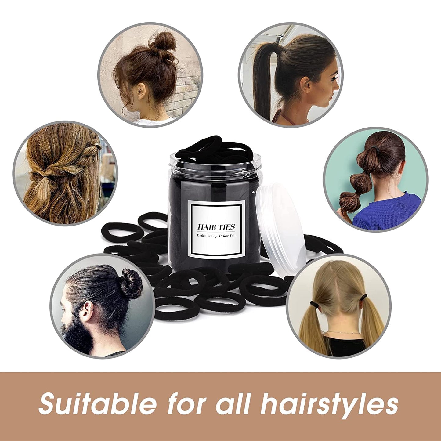 Black Hair Ties 50 pcs Seamless Cotton Ponytail Holders Elastic Bands for Thick Heavy Curly Hair Men Dark Women - Image 4