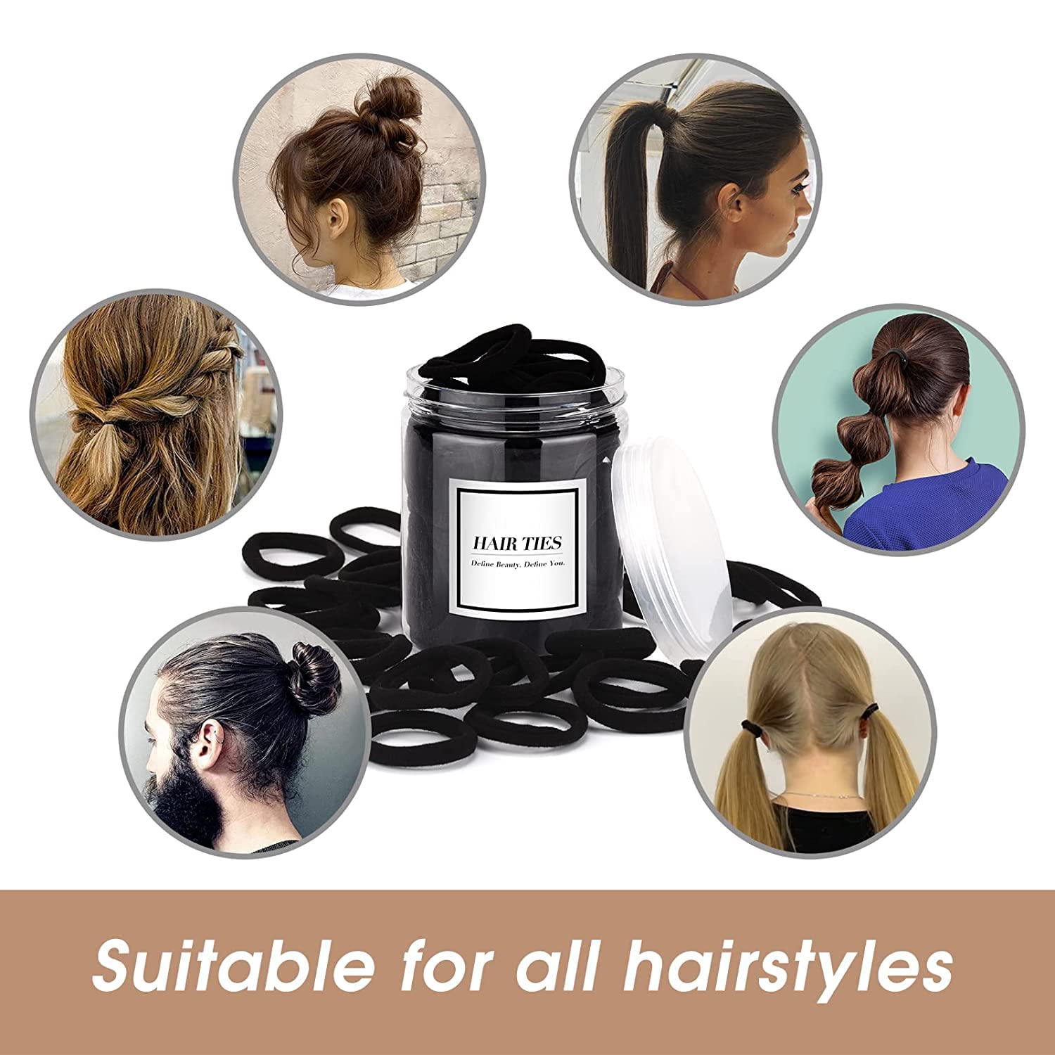 Black Hair Ties 50 pcs Seamless Cotton Ponytail Holders Elastic Bands for Thick Heavy Curly Hair Men Dark Women - Image 4