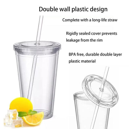 Reusable Plastic Cups Double Walled Transparent Drinking Cup with Straw Reusable Cups Suitable for Fruit Juice-max - Image 3