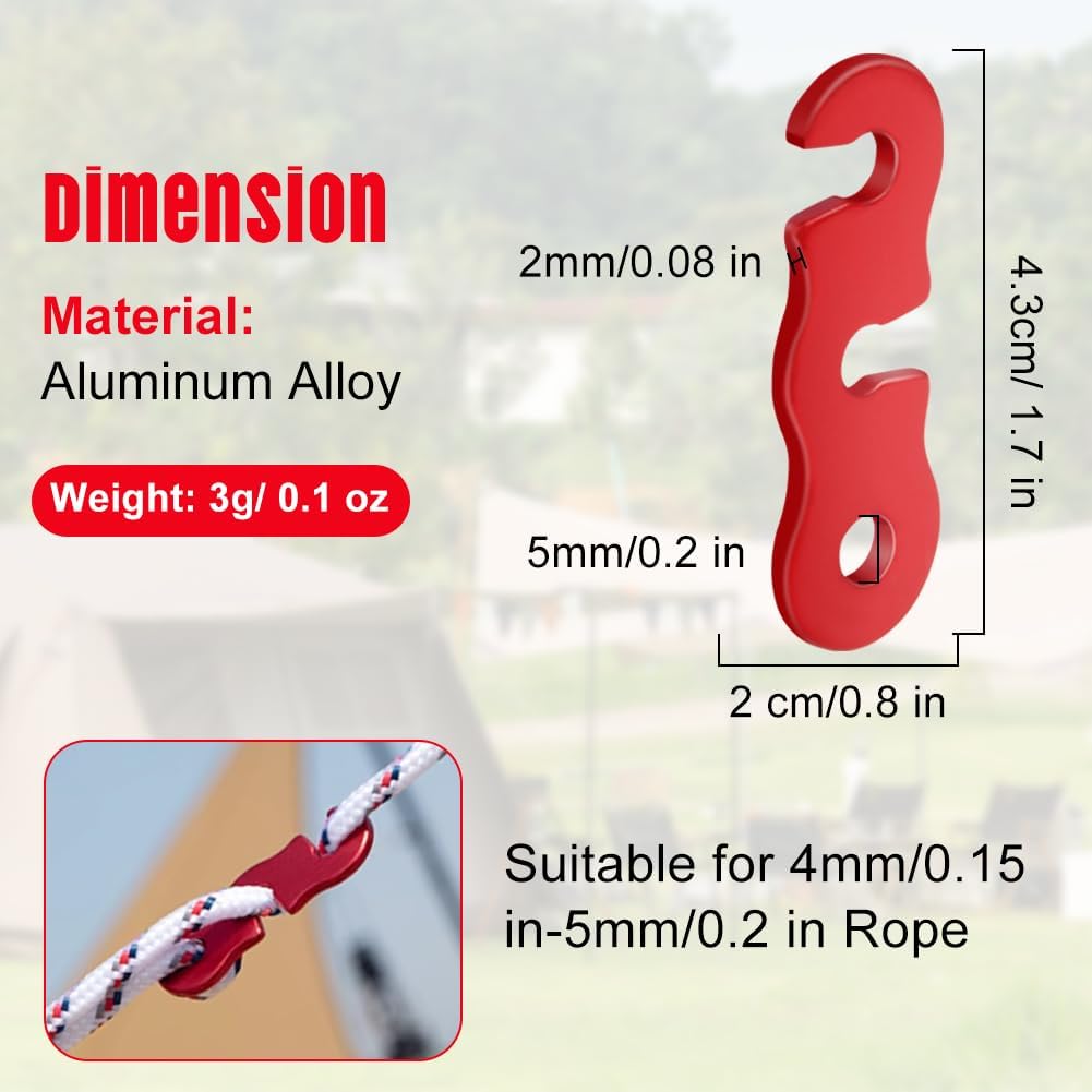 Rope Adjuster, 16pcs Aluminum Rope Tensioner, Tent Wind Rope Buckle, Rope Tensioner for Camping Hiking Backpacking Picnic Outdoor Tent Accessories 16 Pieces - Red Opening - Image 2