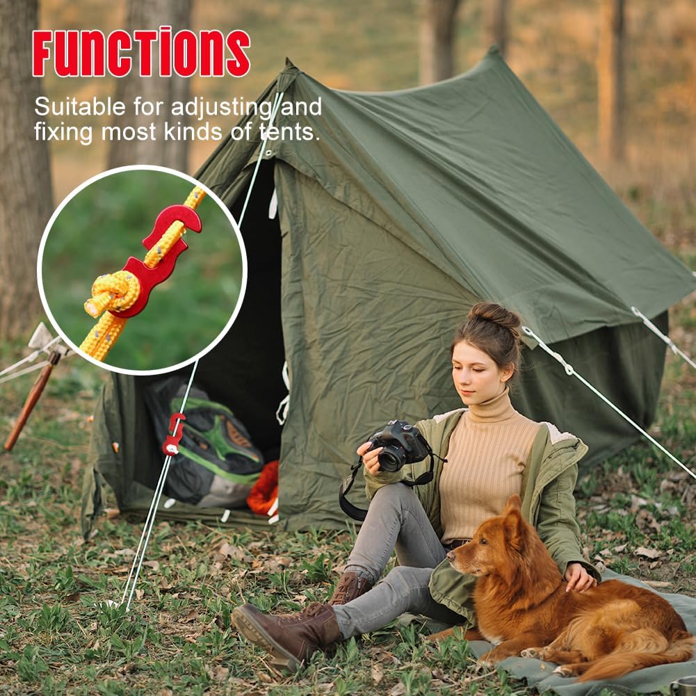 Rope Adjuster, 16pcs Aluminum Rope Tensioner, Tent Wind Rope Buckle, Rope Tensioner for Camping Hiking Backpacking Picnic Outdoor Tent Accessories 16 Pieces - Red Opening - Image 5