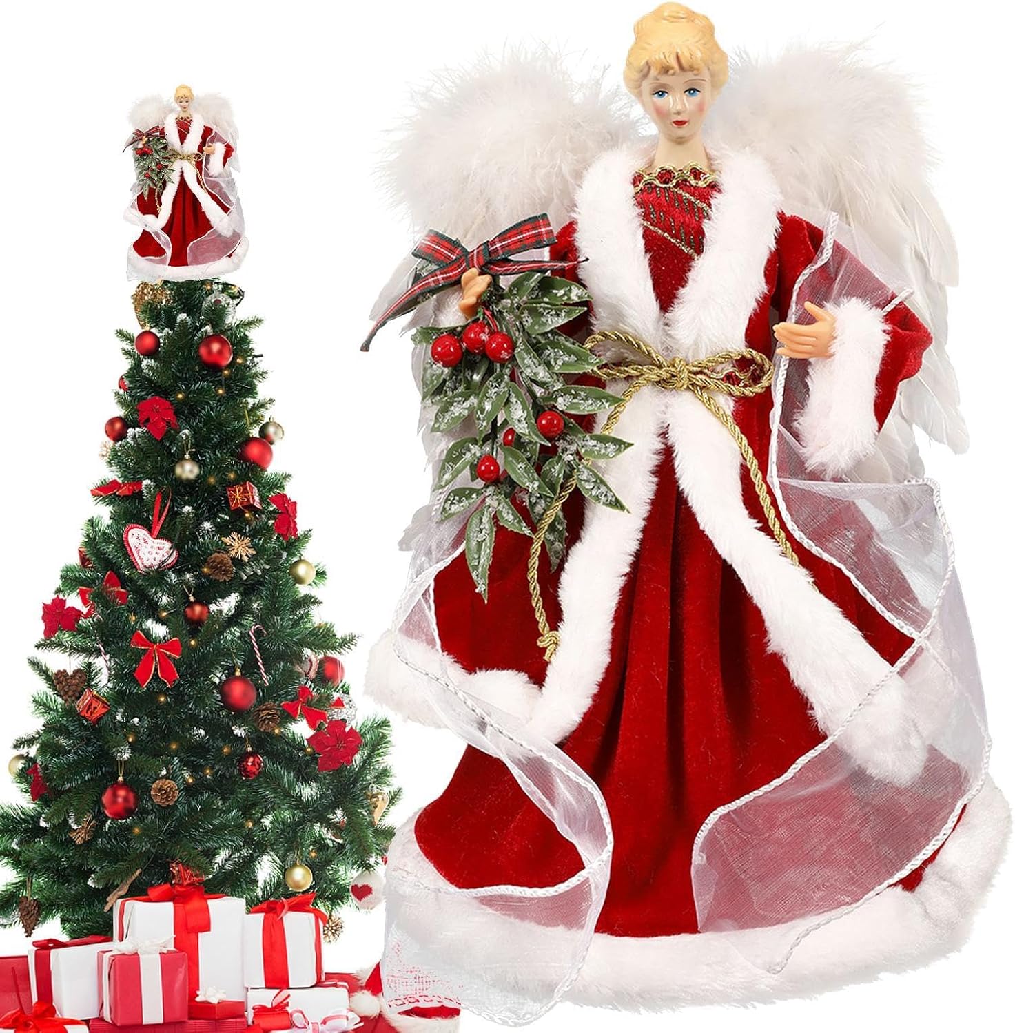 Christmas Tree Angel Tops Decorative Ornaments with White Feather Wings - Image 7