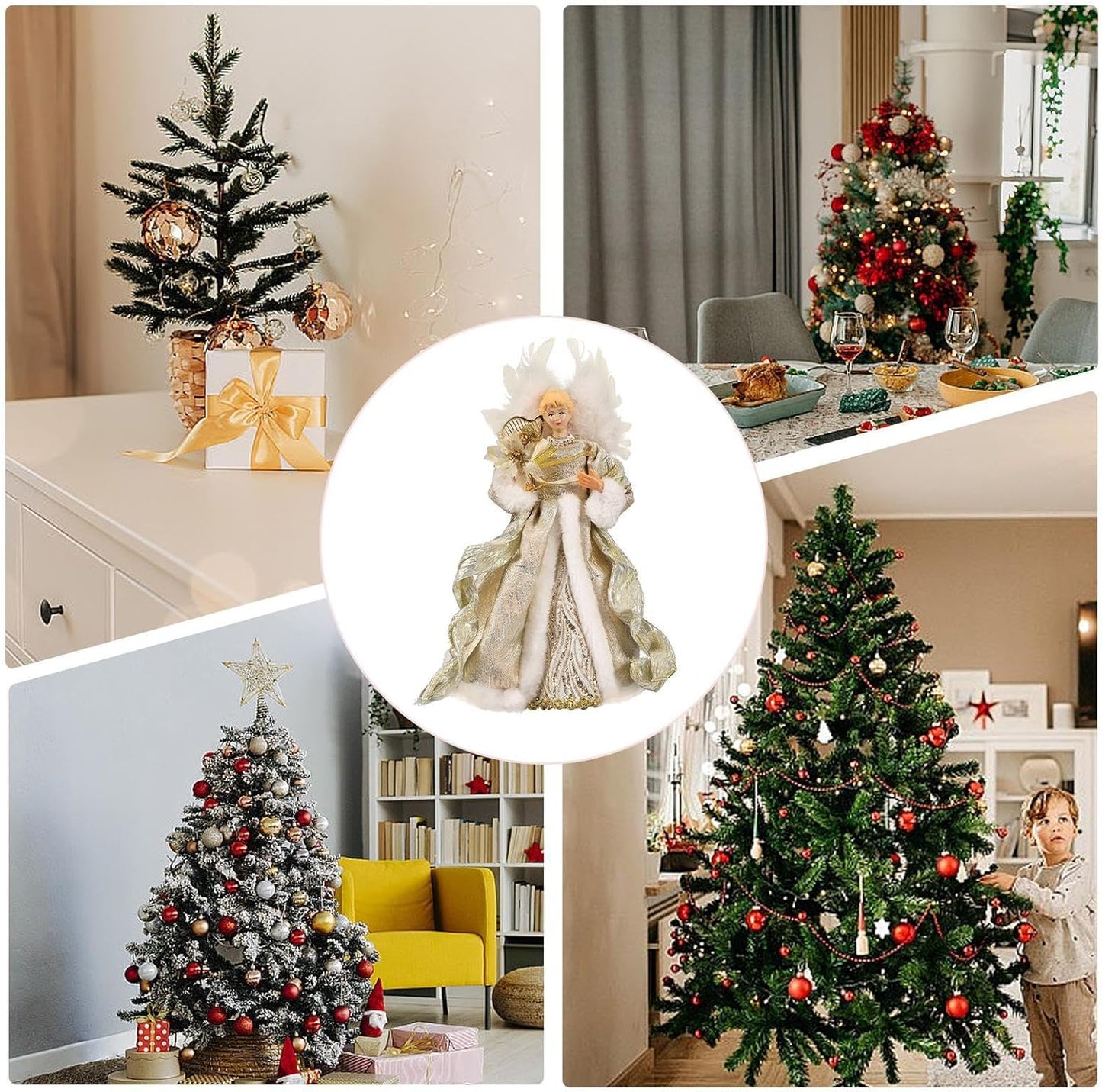 Christmas Tree Angel Topper with White Feather Wings Decorative Ornament - Image 4