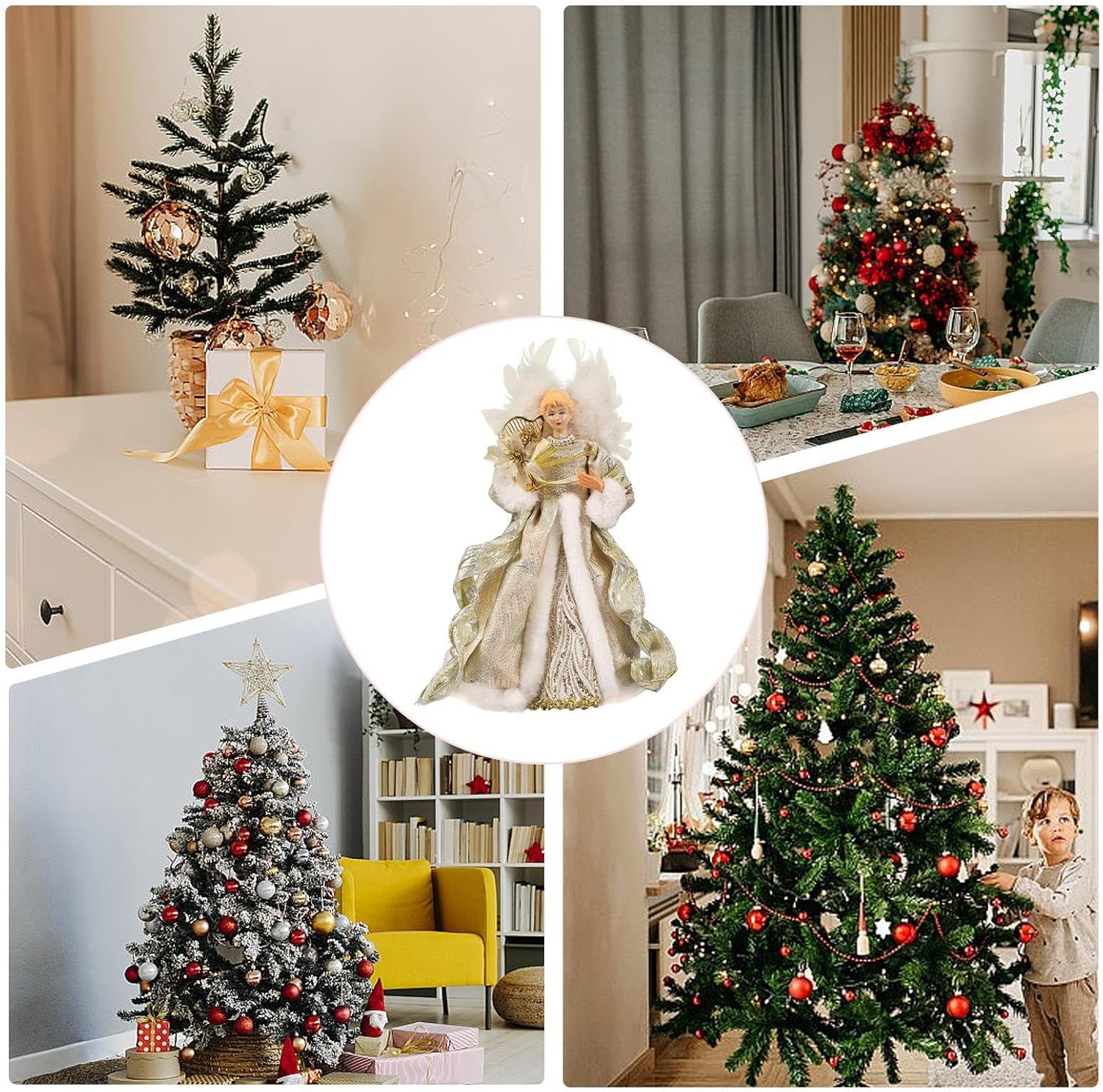 Christmas Tree Angel Topper with White Feather Wings Decorative Ornament - Image 4